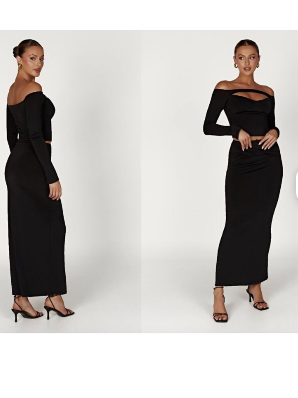 Meshki Ceri Set Off the shoulder cropped top and maxi skirt black size xs